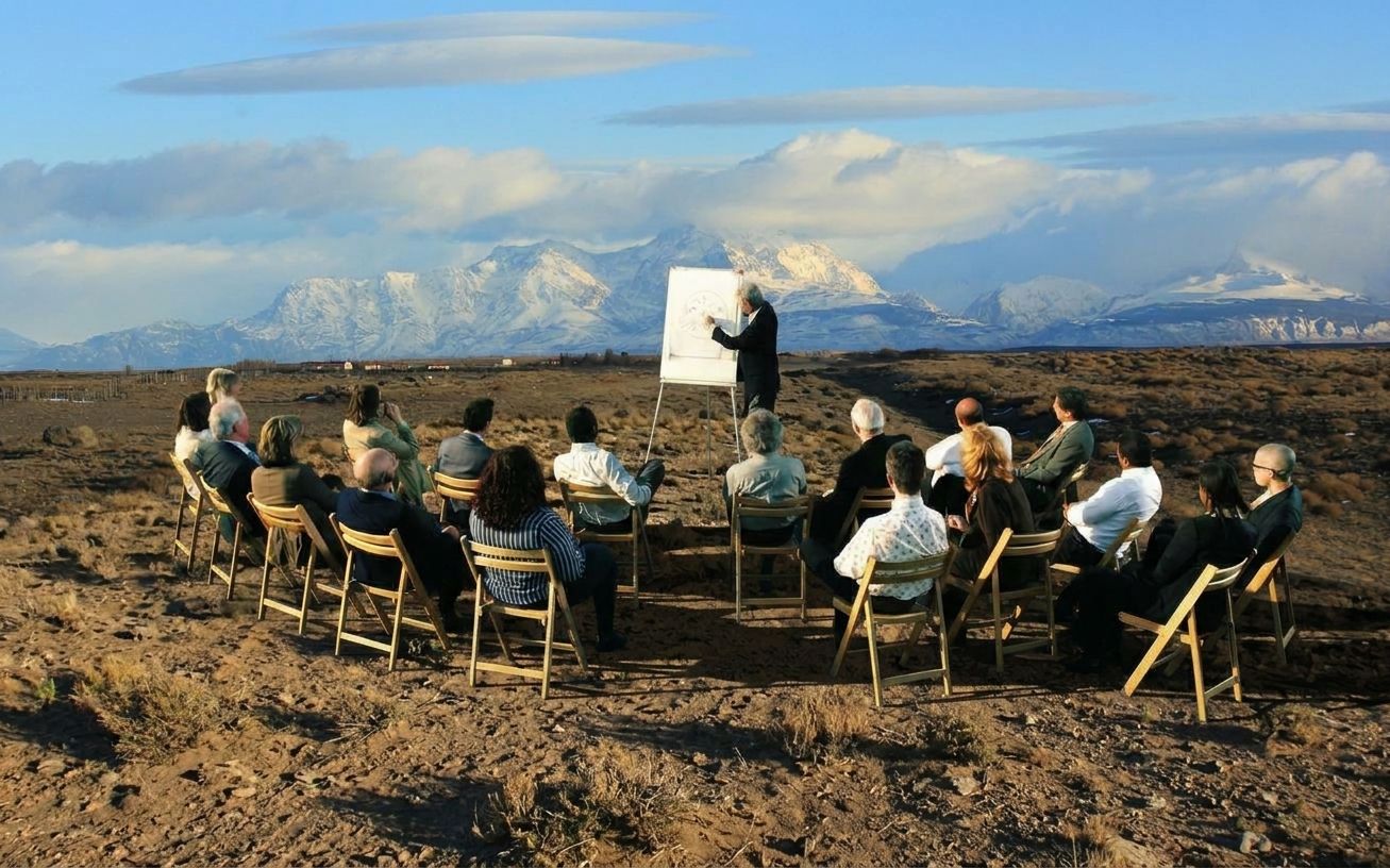 Outdoor seminar facing snow-capped mountains: a speaker at a flipchart in front of the group
